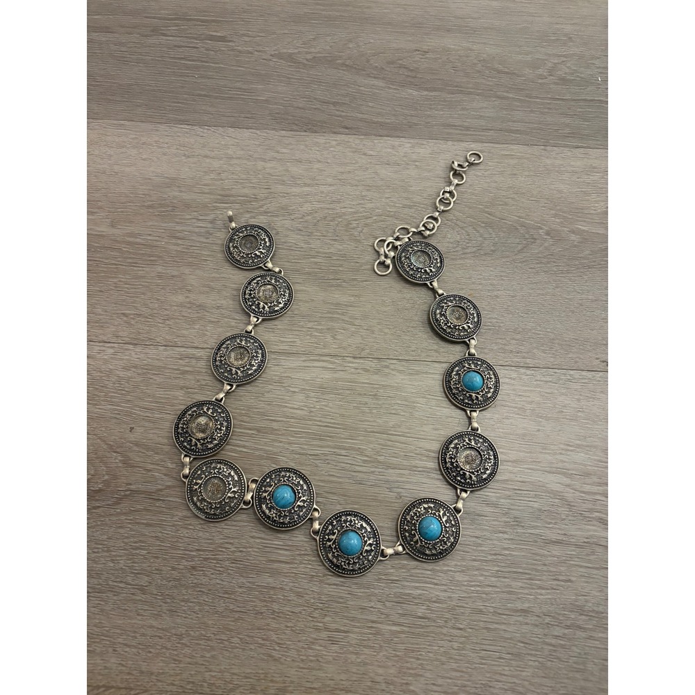 Vintage Boho Silver Tone Turquoise Concho Chain Belt Western Floral 34"